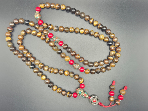 Tigerauge Mala-Gebetskette mit Schmuckelementen | 108+1 Perlen | ca. 8mm
